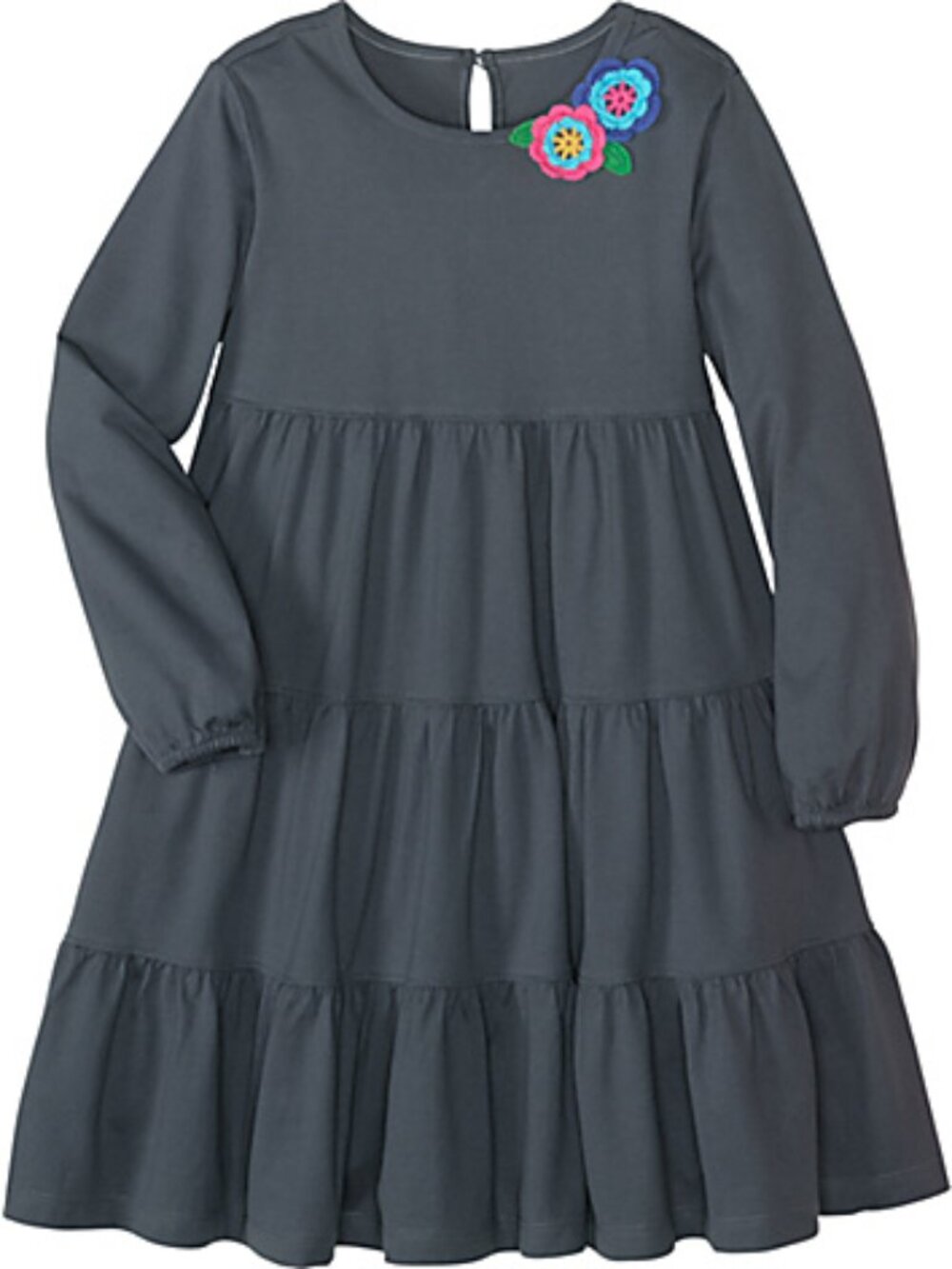 Hanna Andersson Grey Tiered Dress with vibrant crochet flowers Sz 3-5 (100)